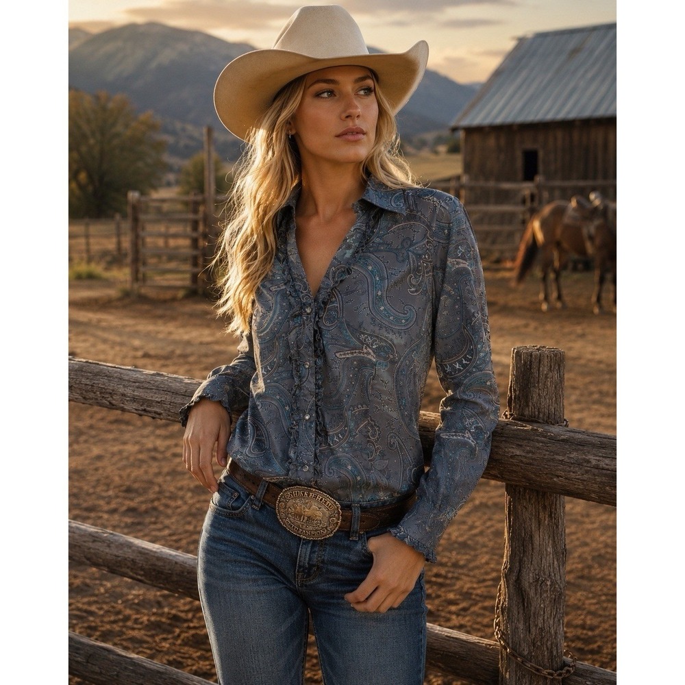 Roper Fitted Women's Shirt L with Western Style Ruffles and Gray Paisley Pattern